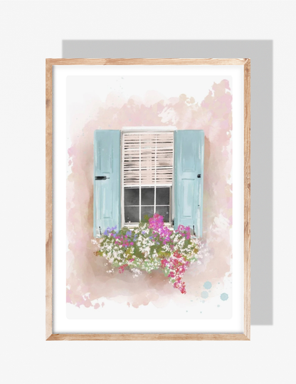 Illustration of a window with pastel blue shutters and a overflowing flower box of pink and white blooms — art print by Rebecca Illustrated.