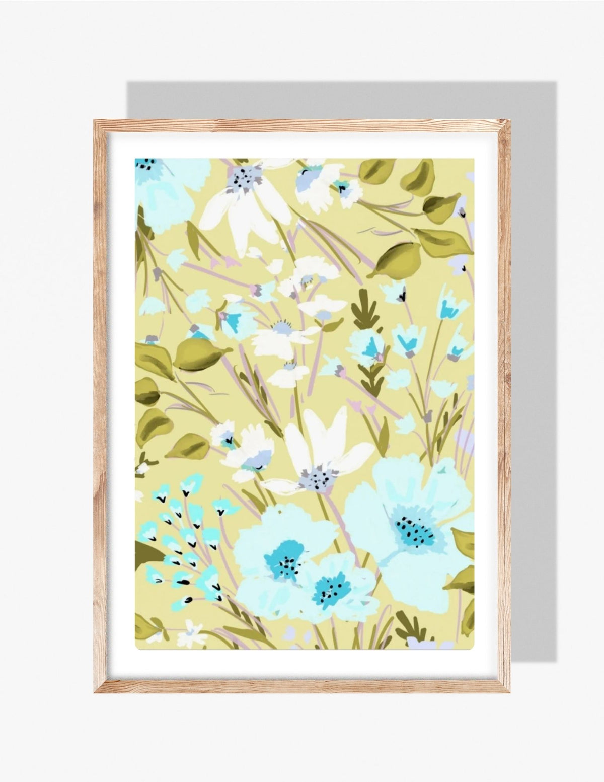 Floral art print by Rebecca Illustrated featuring yellow, green, and blue botanical flowers in a soft, painterly style.