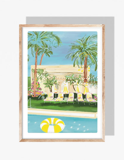 A colorful illustration by Rebecca Illustrated featuring a tropical poolside scene with palm trees, yellow-striped lounge chairs, umbrellas, string lights, and a bright blue swimming pool with a yellow float.