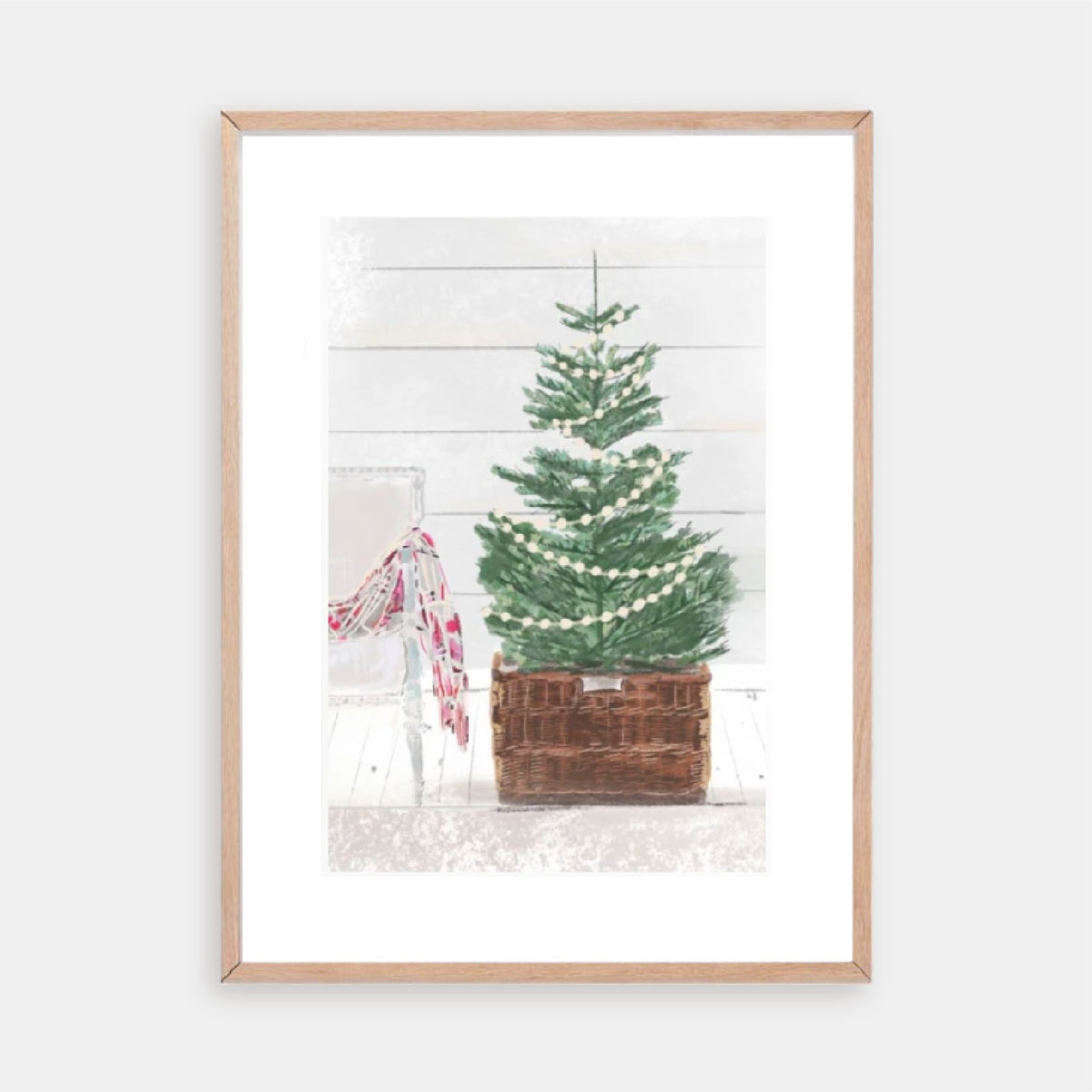 Illustration of a small Christmas tree with garland in a rustic crate beside a chair with candy cane ribbon — artwork by Rebecca Illustrated