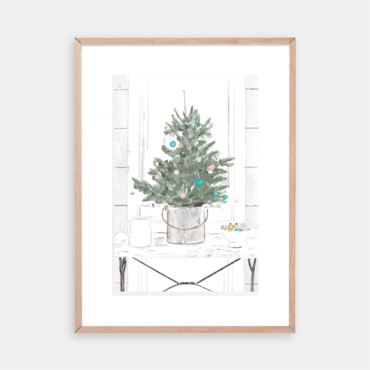 Illustration of a small decorated Christmas tree in a rustic bucket on a tabletop with soft neutral holiday accents — artwork by Rebecca Illustrated