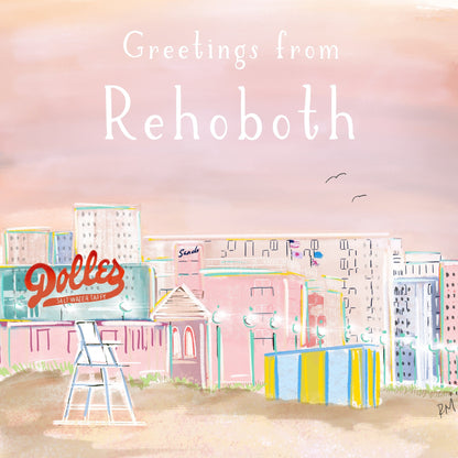 Pastel illustration of Rehoboth Beach boardwalk with Dolles Salt Water Taffy sign and buildings, titled Greetings from Rehoboth – artwork by Rebecca Illustrated