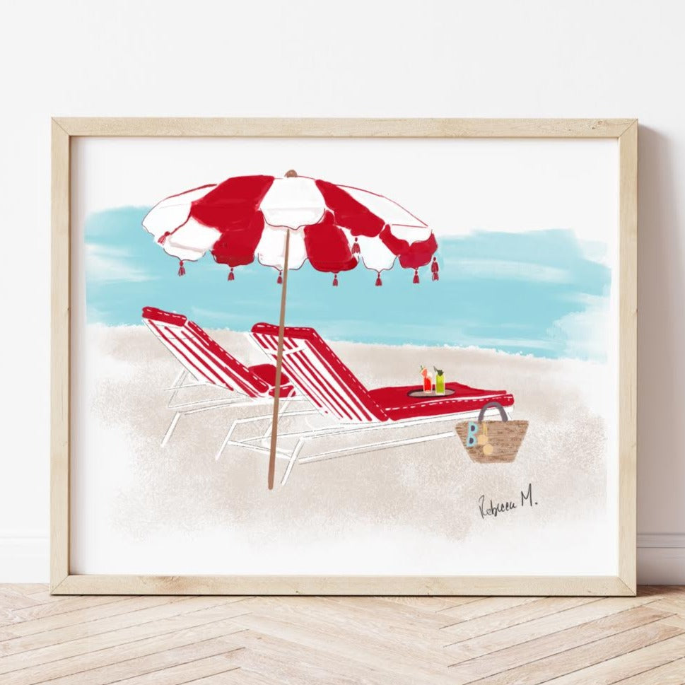 Illustration of two red lounge chairs under a red-and-white umbrella on a sandy beach with ocean waves — artwork by Rebecca Illustrated