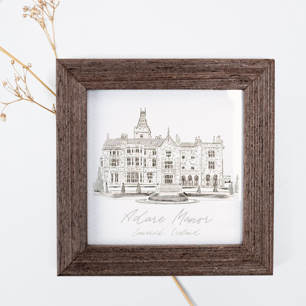 Hand-drawn illustration of Adare Manor in Limerick, Ireland by artist Rebecca Illustrated, framed fine art print.