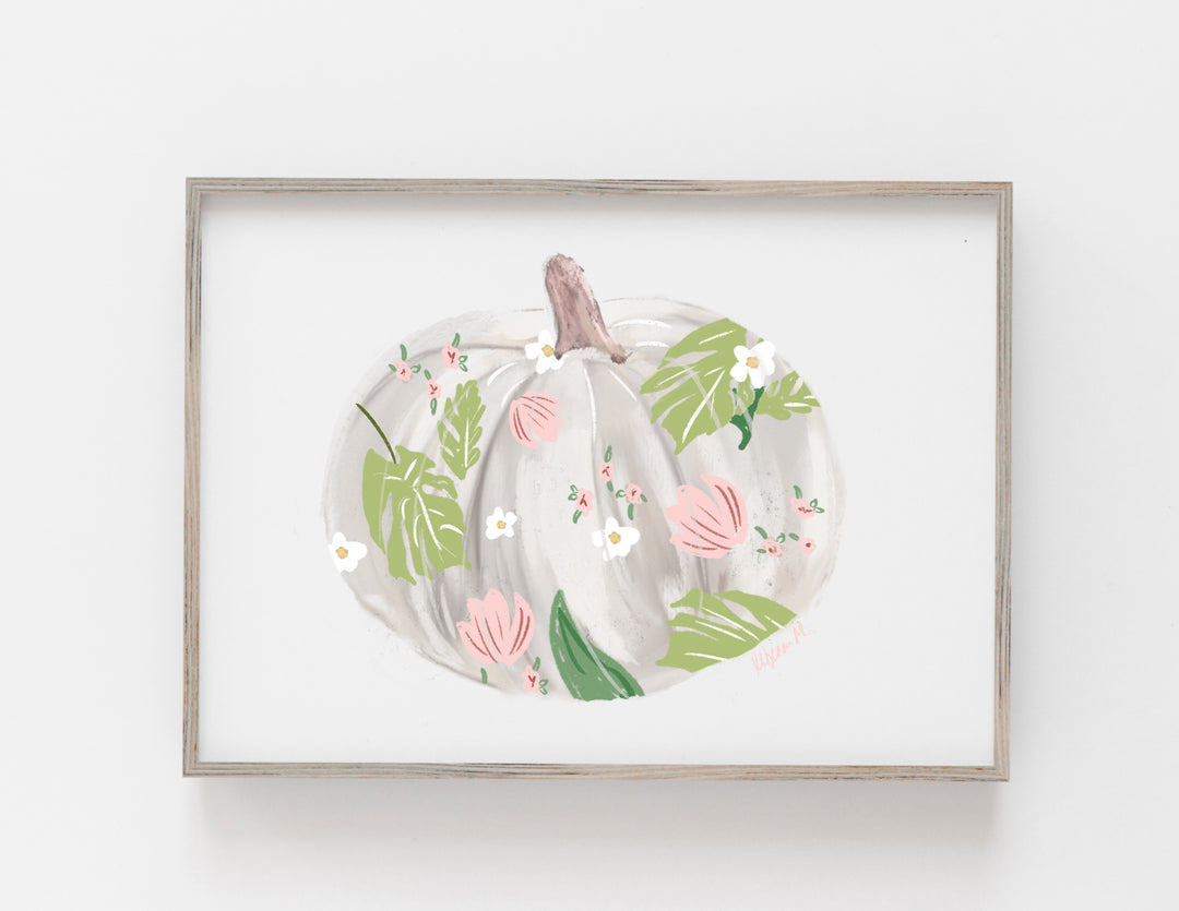 Neutral pumpkin illustration with pastel flowers and greenery by Rebecca Illustrated, framed against a white background.