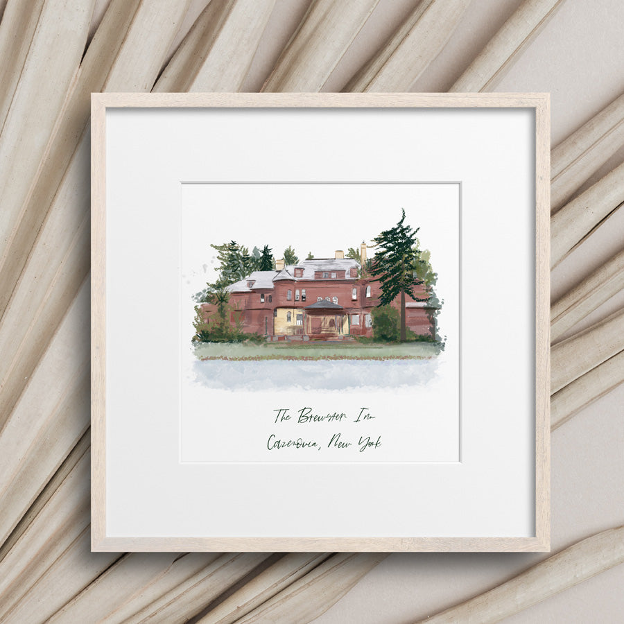 Watercolor illustration of The Brewster Inn in Cazenovia, New York with trees and detailed architecture — artwork by Rebecca Illustrated