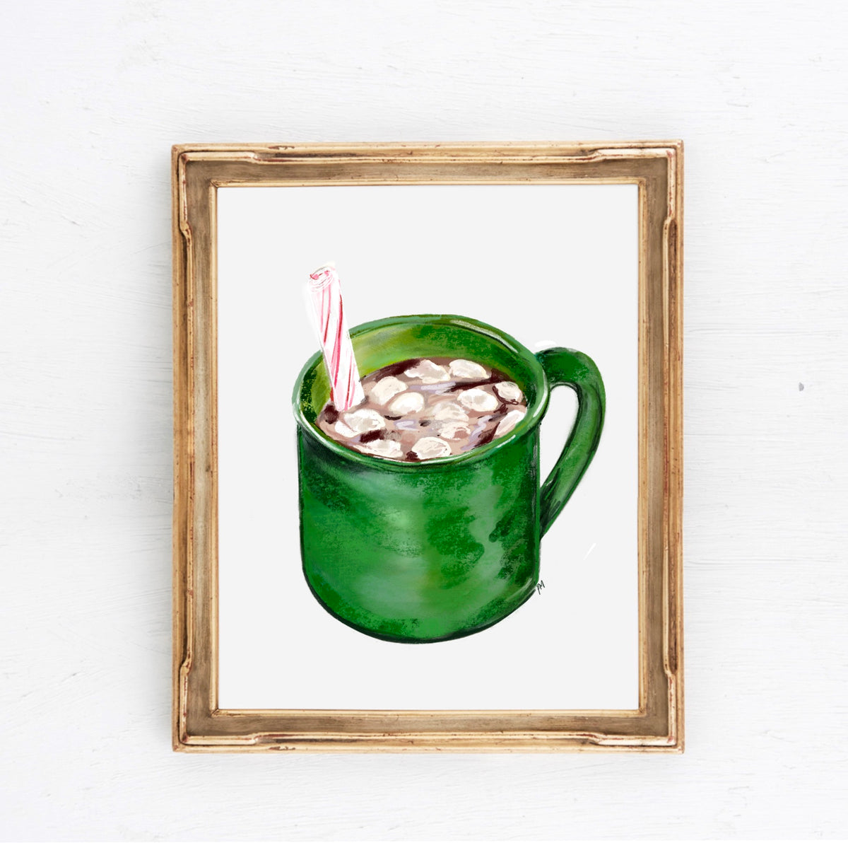 Illustration of a green mug filled with hot chocolate, marshmallows, and a peppermint stick — artwork by Rebecca Illustrated