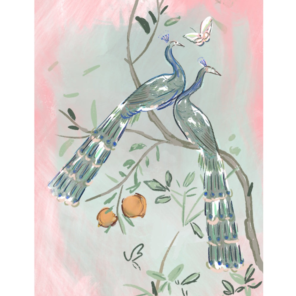 Chinoiserie-style illustration of two peacocks perched on branches with leaves and fruit on a soft pink background, artwork by Rebecca Illustrated.