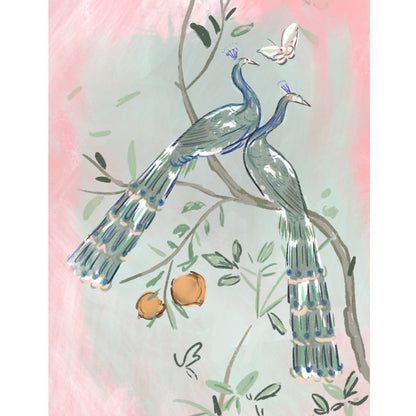 Chinoiserie-style illustration of two peacocks perched on branches with leaves and fruit on a soft pink background, artwork by Rebecca Illustrated.