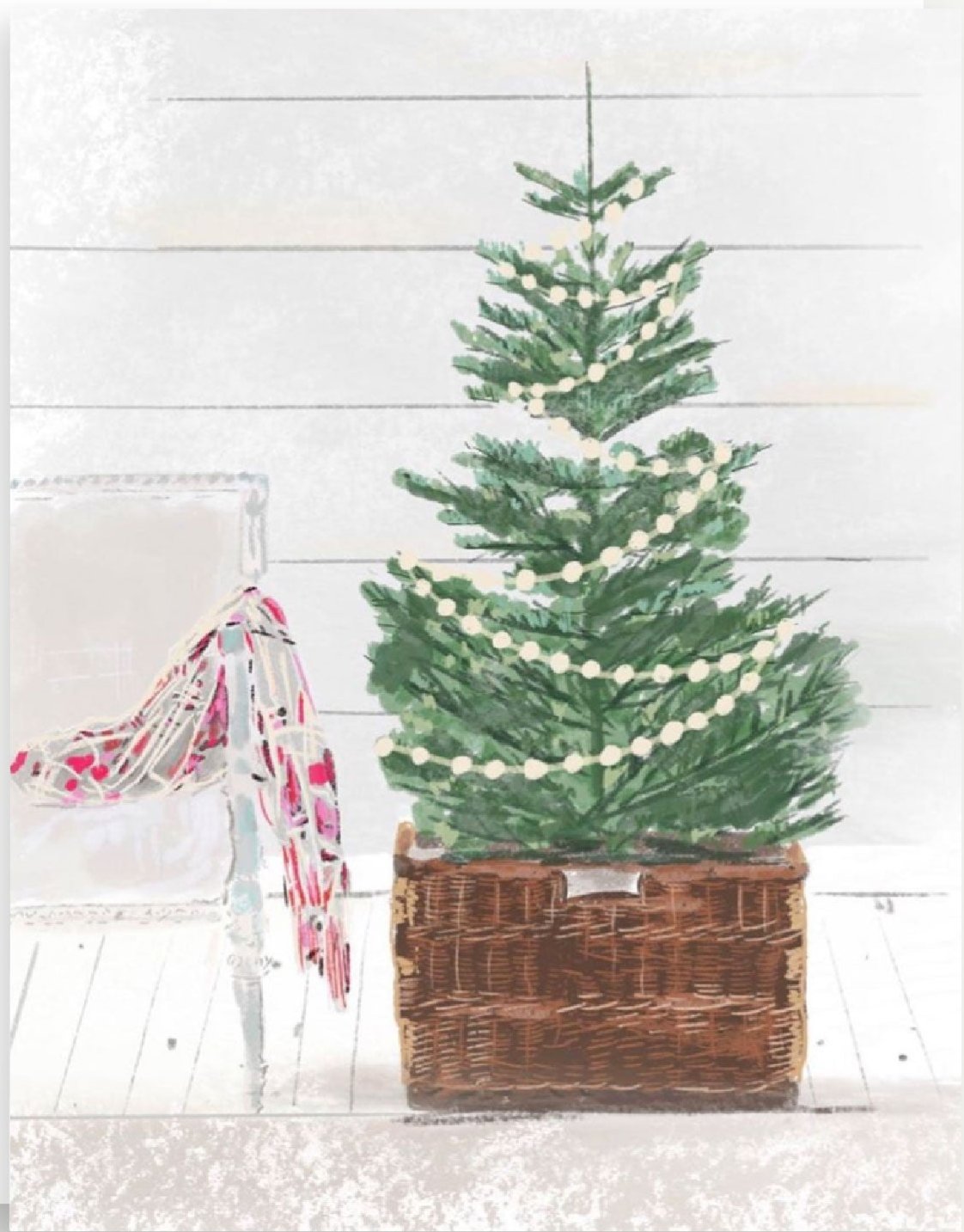 Christmas greeting card with an illustrated evergreen tree in a wooden crate beside a chair with a scarf in a cozy winter interior, blank interior