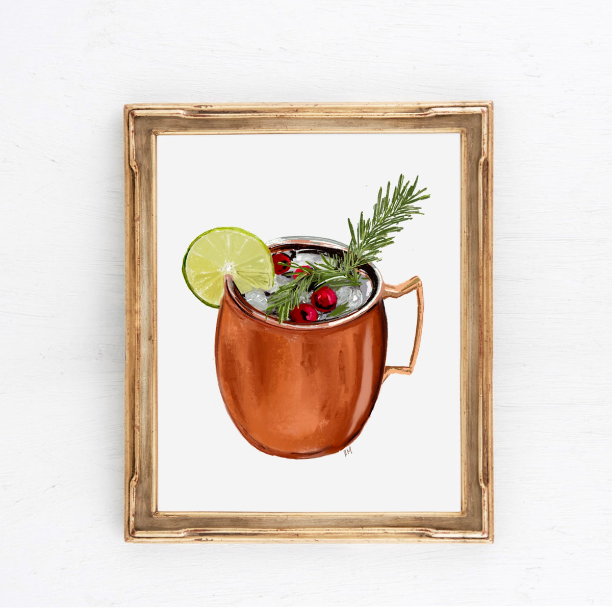 Illustration of a holiday Moscow Mule in a copper mug with cranberries, rosemary, ice, and lime garnish — artwork by Rebecca Illustrated