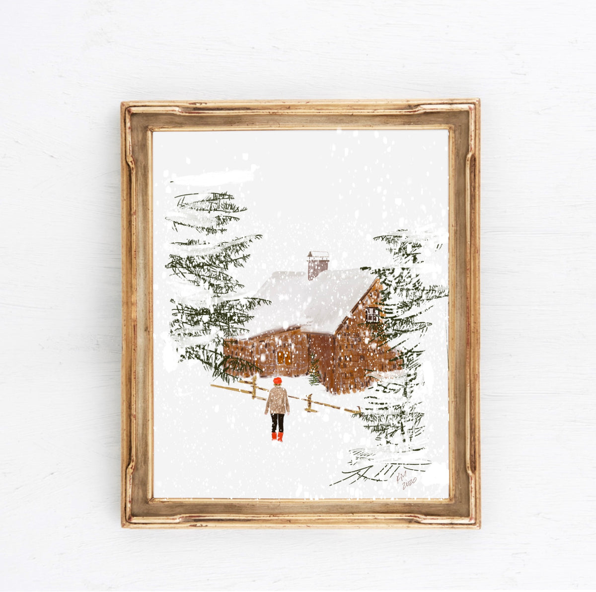 Illustration of a snowy wooden cabin surrounded by pine trees with a person walking toward it in falling snow — artwork by Rebecca Illustrated