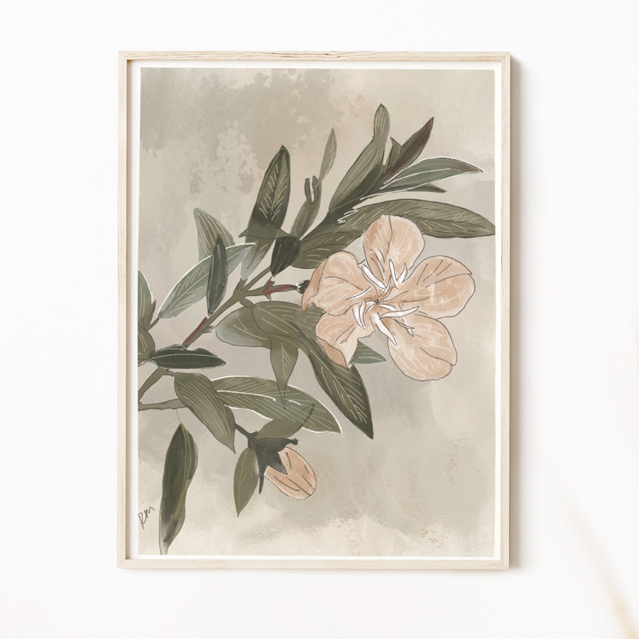Illustration of a neutral-toned flower and leafy branch on a soft beige textured background — artwork by Rebecca Illustrated