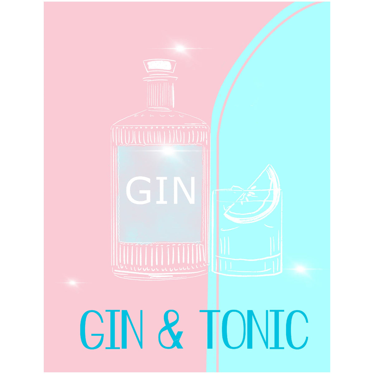 Pastel Gin & Tonic cocktail art print featuring a stylized gin bottle and drink glass on pink and turquoise background, artwork by Rebecca Illustrated.
