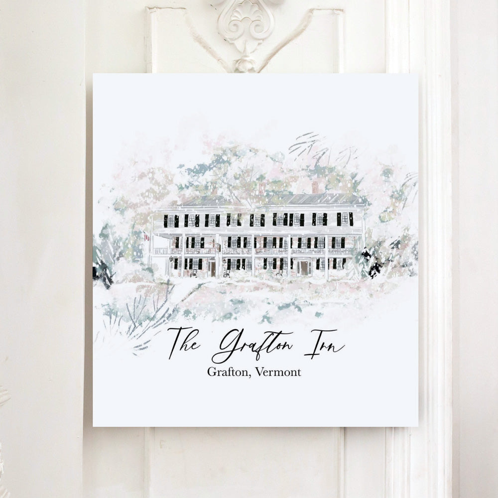 Watercolor illustration of The Grafton Inn in Grafton, Vermont with soft snowy scenery — artwork by Rebecca Illustrated