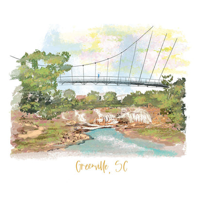 Illustration of the Liberty Bridge at Falls Park in Greenville, SC with trees, waterfalls, and pastel sky, artwork by Rebecca Illustrated.