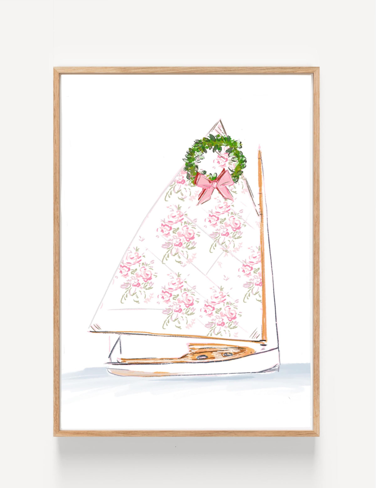 Holiday coastal art print featuring a sailboat with floral-patterned sails and a Christmas wreath with a pink bow, illustrated by Rebecca Illustrated.