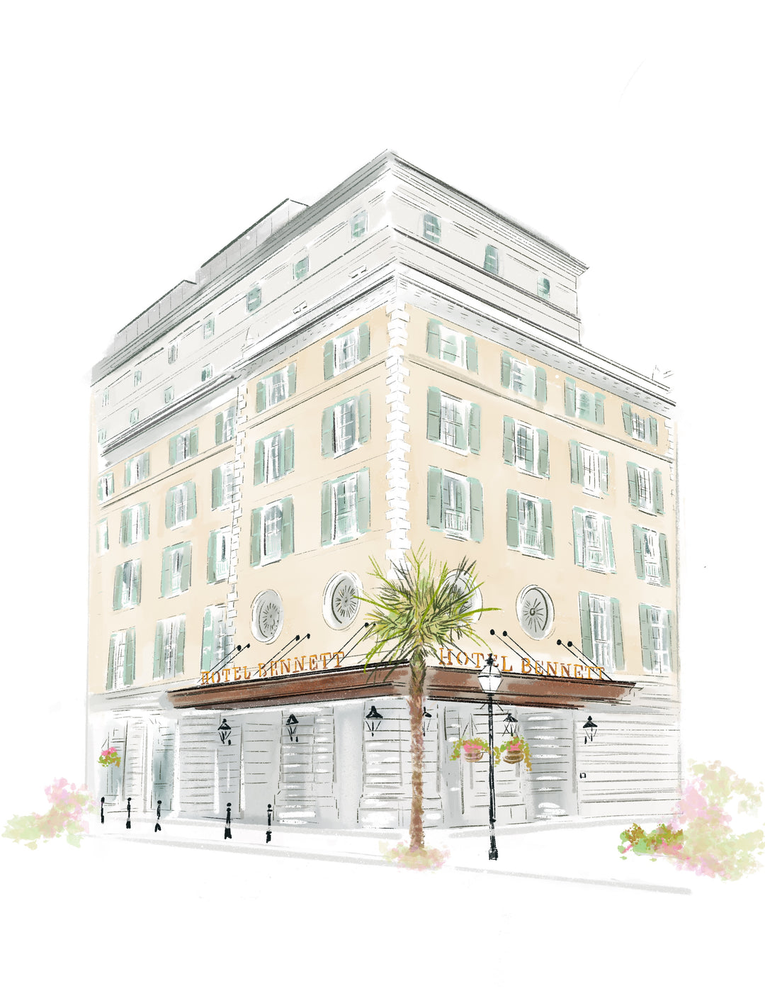 Illustration of Hotel Bennett in Charleston, South Carolina with classic architecture and palm trees, original artwork by Rebecca Illustrated on a blank greeting card.
