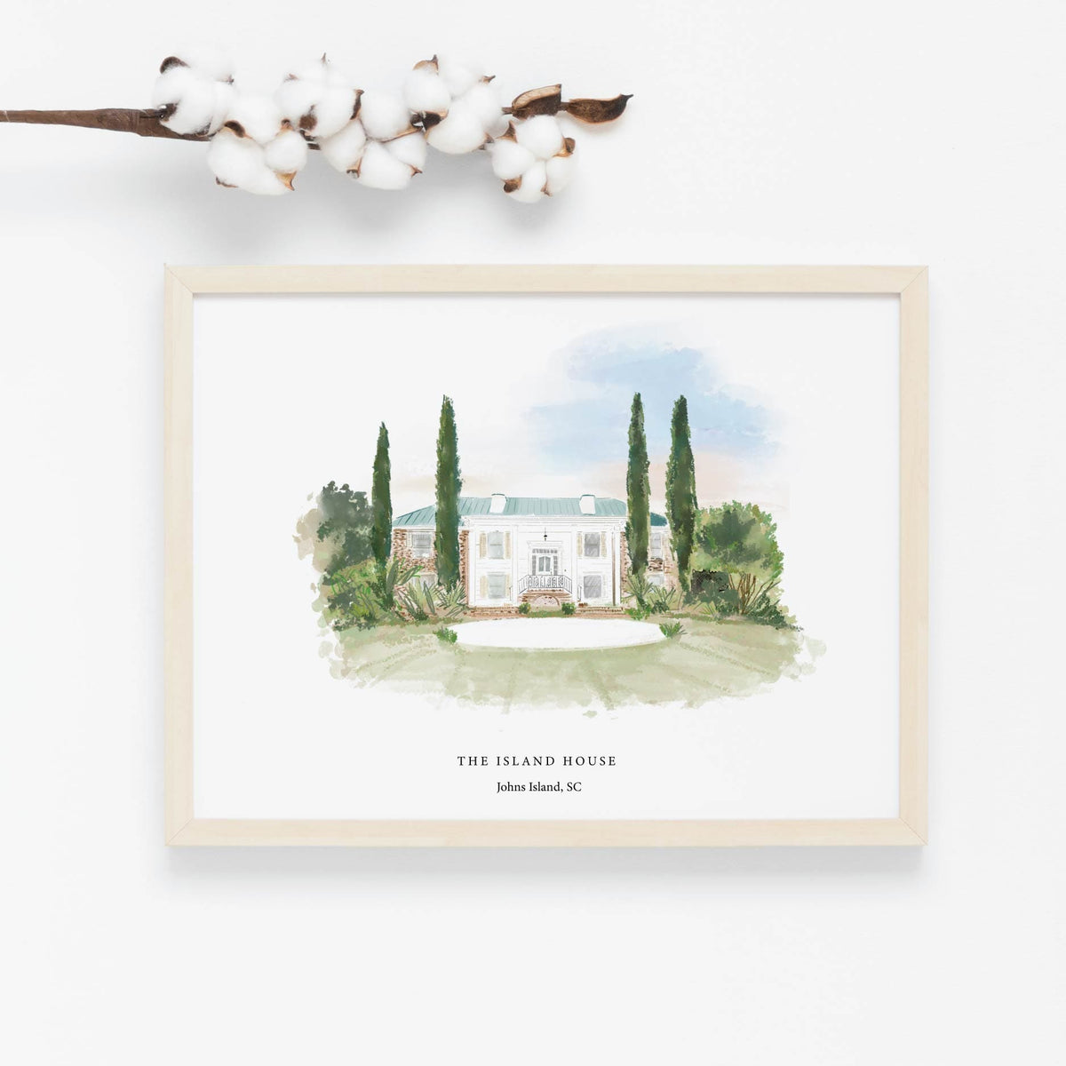 Watercolor illustration of The Island House wedding venue on Johns Island, SC with tall cypress trees, by Rebecca Illustrated, framed against a white background.