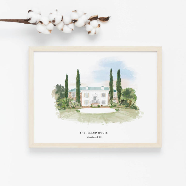 Watercolor illustration of The Island House wedding venue on Johns Island, SC with tall cypress trees, by Rebecca Illustrated, framed against a white background.