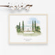 Watercolor illustration of The Island House wedding venue on Johns Island, SC with tall cypress trees, by Rebecca Illustrated, framed against a white background.