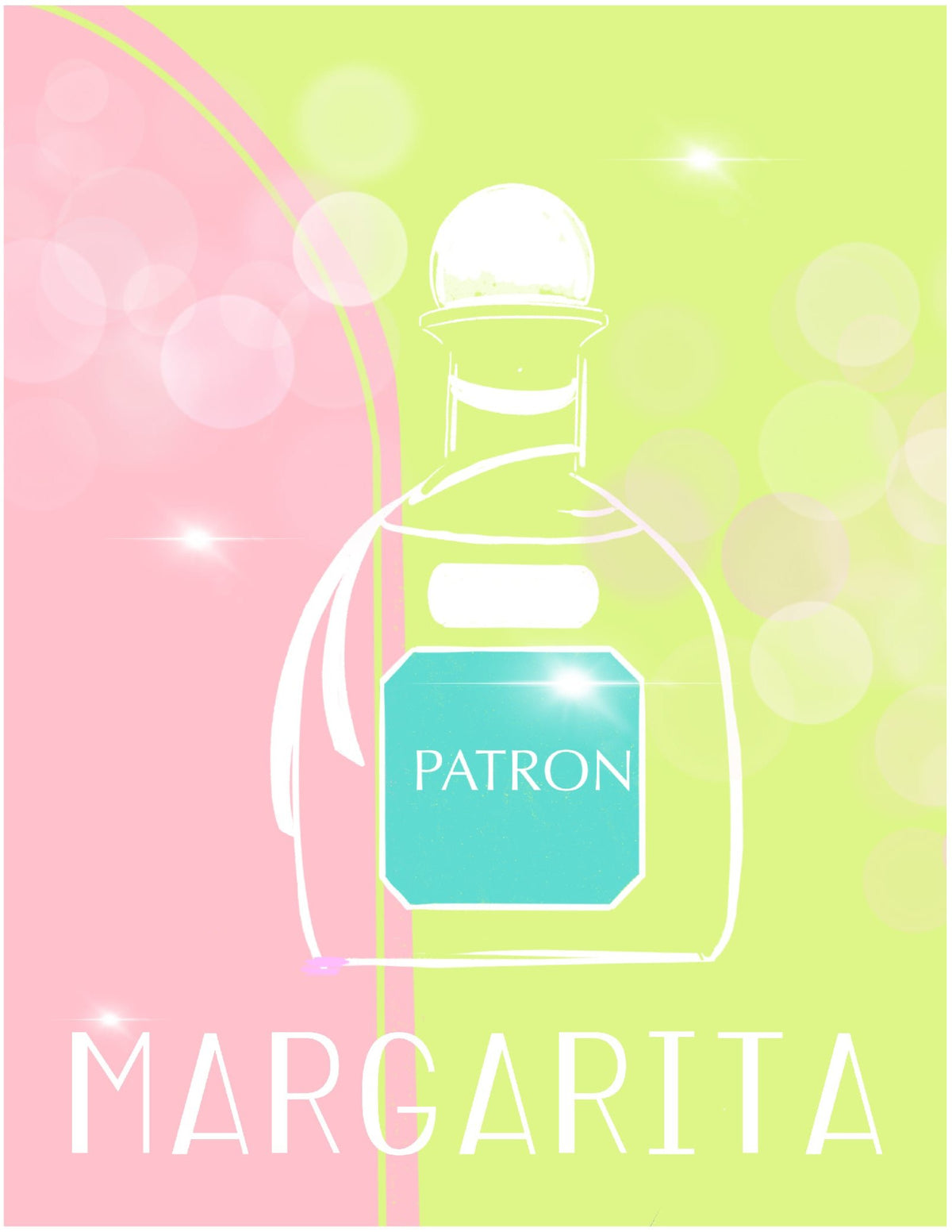 Colorful margarita-themed art print featuring a stylized bottle illustration with pink and lime green background, artwork by Rebecca Illustrated.