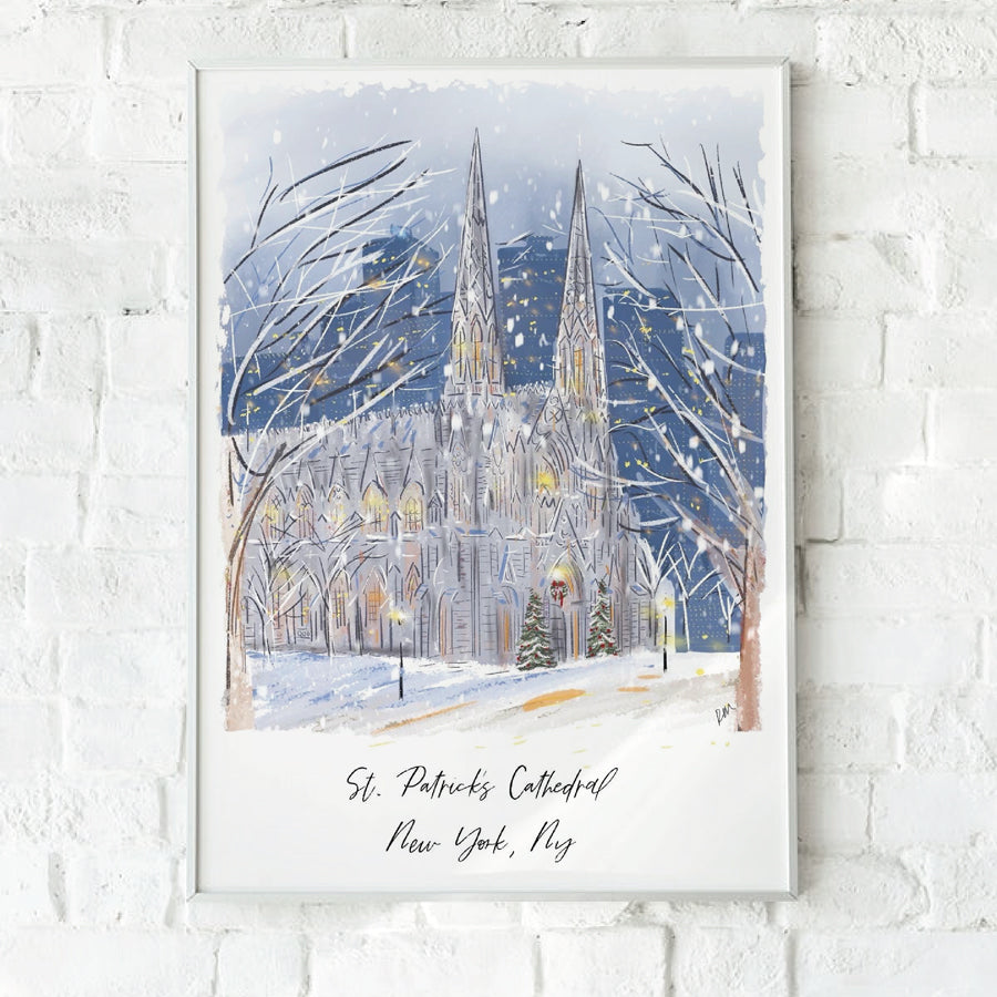 Winter illustration of St. Patrick’s Cathedral in New York City during snowfall — holiday artwork by Rebecca Illustrated