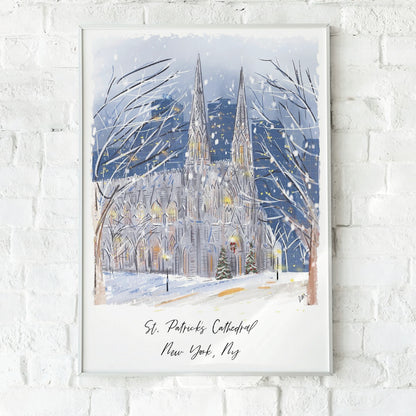 Winter illustration of St. Patrick’s Cathedral in New York City during snowfall — holiday artwork by Rebecca Illustrated