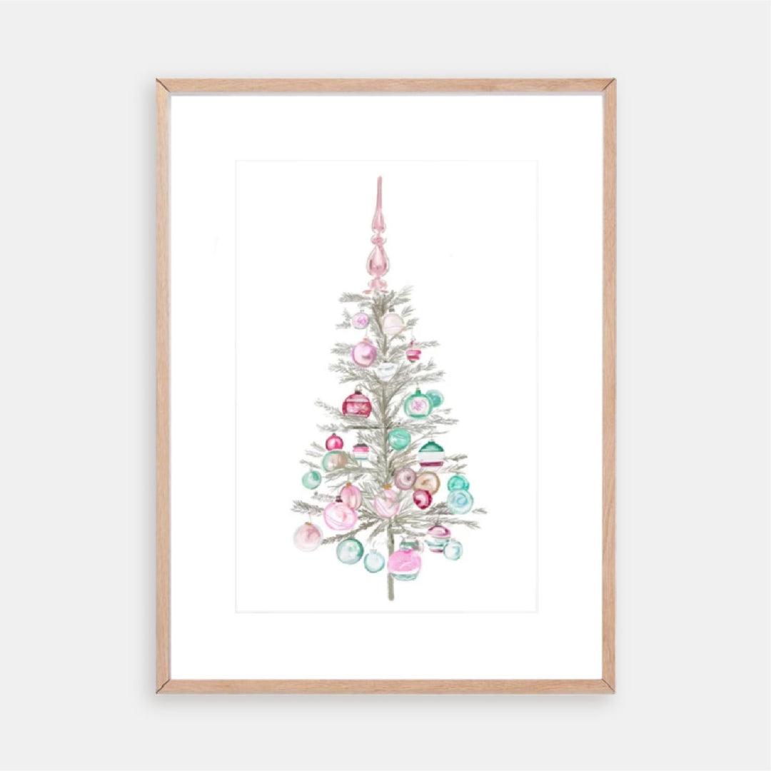 Illustration of a pastel Christmas tree decorated with pink and aqua vintage-style ornaments.