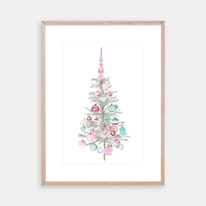 Illustration of a pastel Christmas tree decorated with pink and aqua vintage-style ornaments.