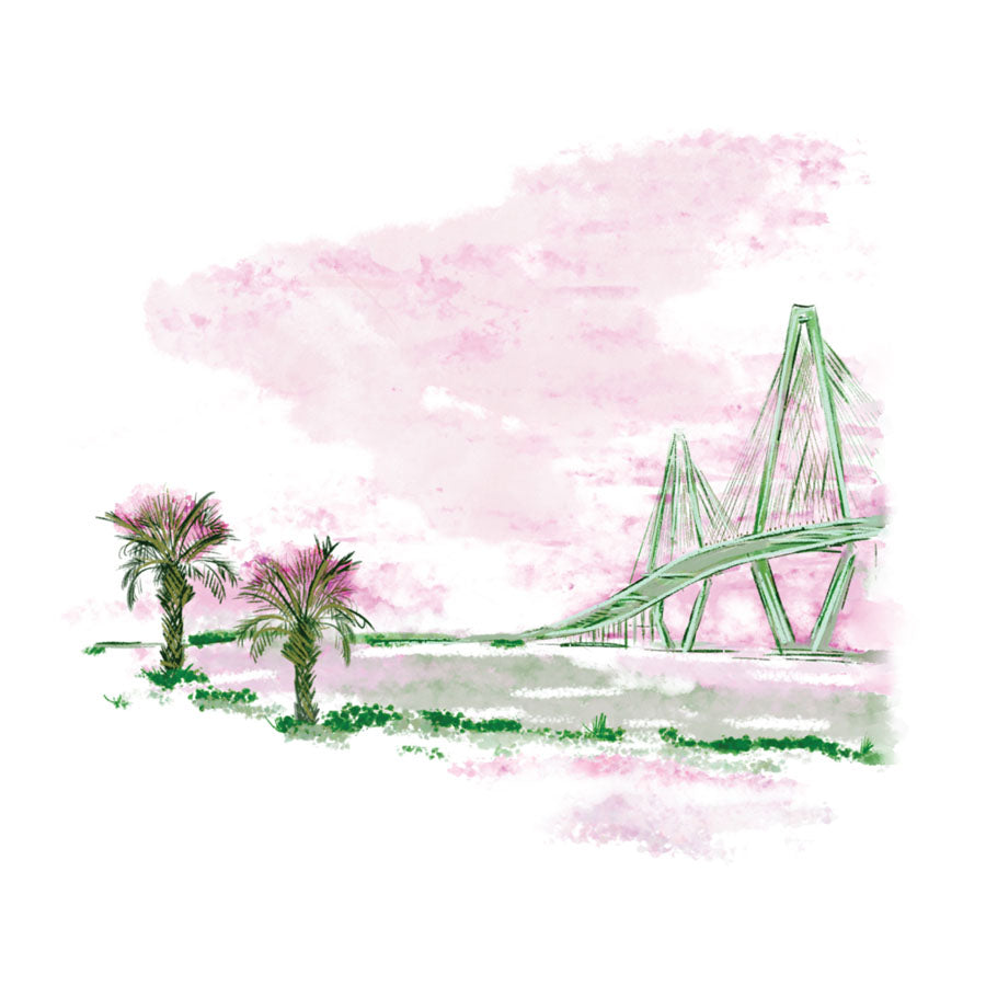 Illustration of the Ravenel Bridge with palm trees and a pink watercolor sky, artwork by Rebecca Illustrated