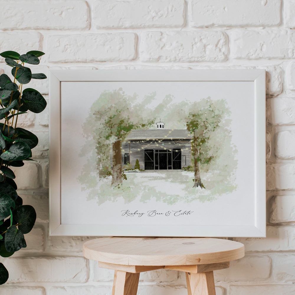 Watercolor illustration of the Roxbury Barn & Estate with trees, soft greenery, and a lit barn entrance — artwork by Rebecca Illustrated