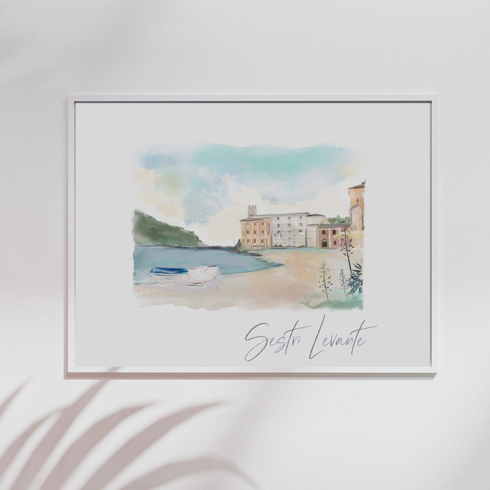 Watercolor-style illustration of Sestri Levante, Italy with pastel coastline, boats, and historic seaside buildings — artwork by Rebecca Illustrated