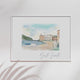 Watercolor-style illustration of Sestri Levante, Italy with pastel coastline, boats, and historic seaside buildings — artwork by Rebecca Illustrated