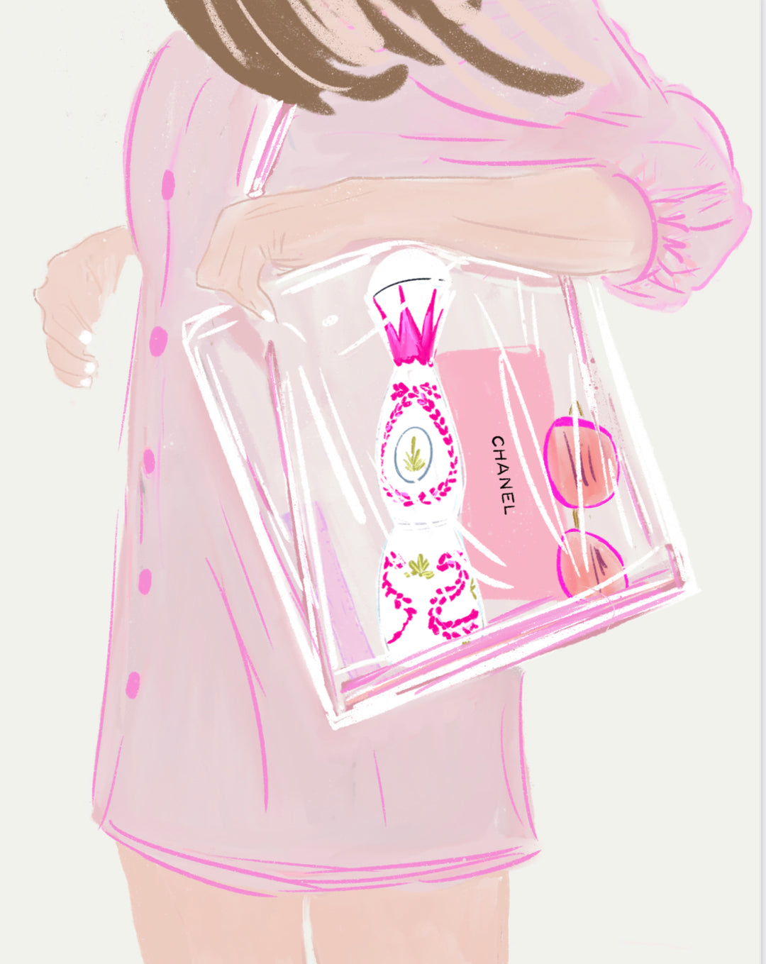 A stylized fashion illustration by Rebecca Illustrated featuring a woman in a pink dress carrying a transparent bag holding perfume bottles, sunglasses, and a Chanel item, drawn in soft pink tones.