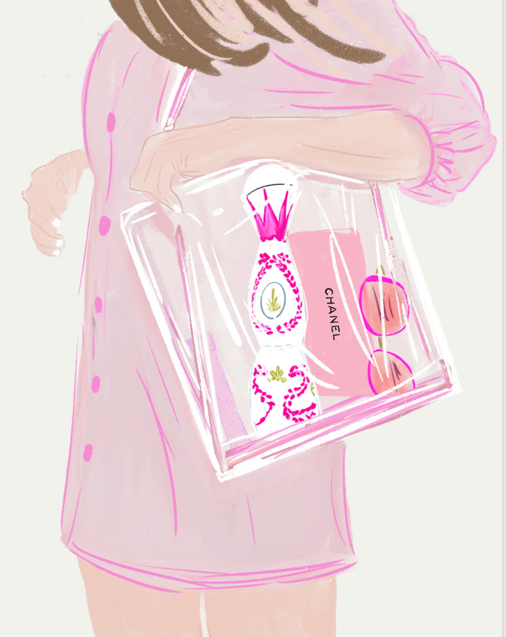 A stylized fashion illustration by Rebecca Illustrated featuring a woman in a pink dress carrying a transparent bag holding perfume bottles, sunglasses, and a Chanel item, drawn in soft pink tones.