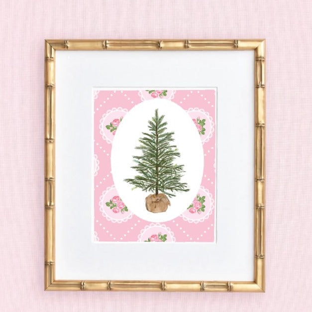 Christmas art print featuring a simple evergreen tree with a burlap base centered on a pink floral patterned background, illustrated by Rebecca Illustrated.