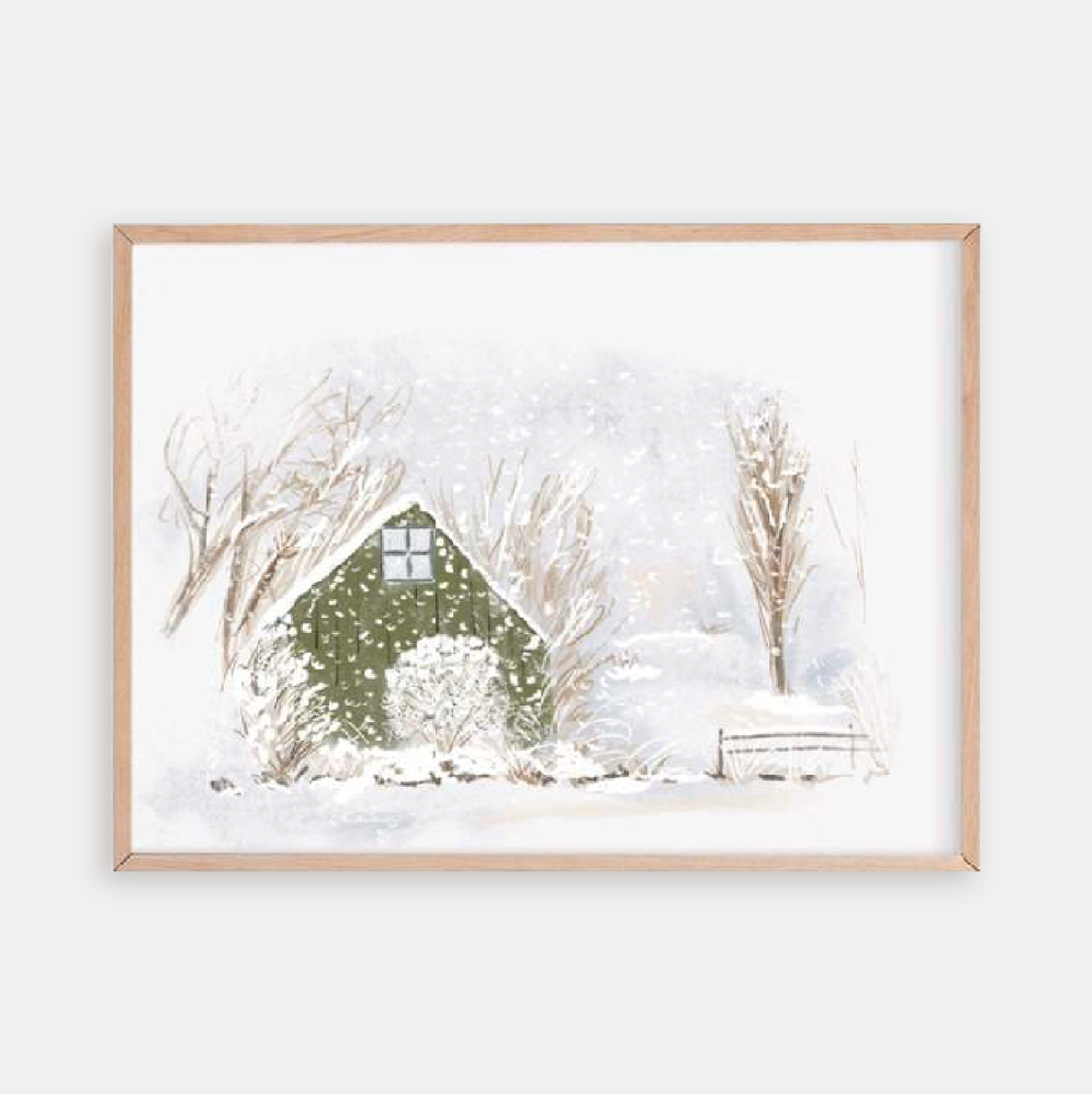 Illustration of a green cabin in a snowy winter landscape with trees, falling snow, and a bench.
