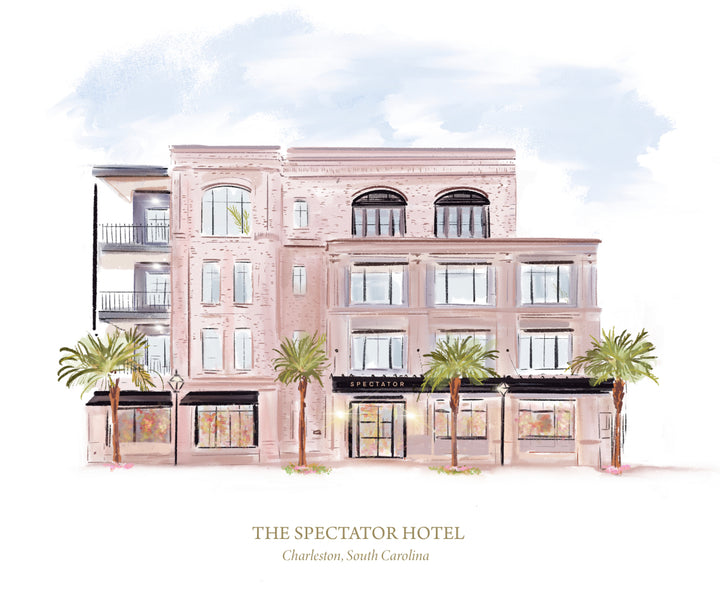 Watercolor illustration of The Spectator Hotel in Charleston, South Carolina with palm trees, by Rebecca Illustrated.