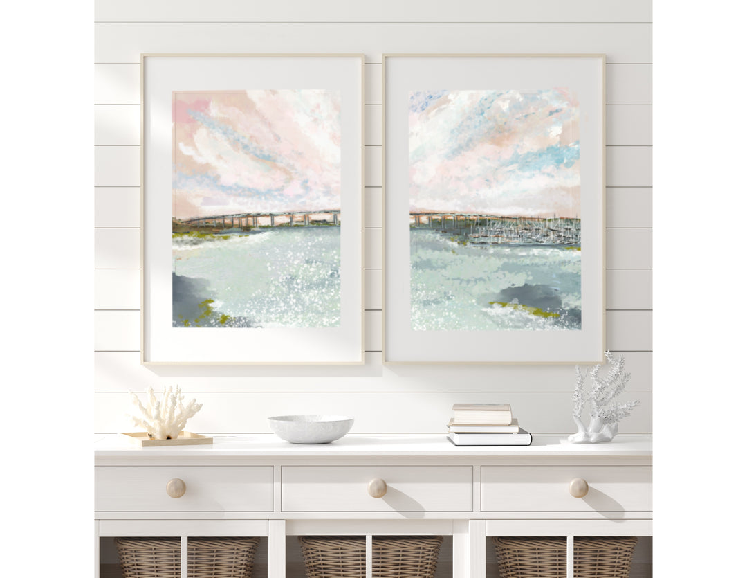 Coastal landscape art print of the Stono River with bridge, marsh, and pastel sky by Rebecca Illustrated.