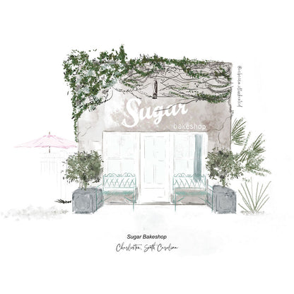 Illustration of Sugar Bakeshop in Charleston, SC with greenery, benches, and pastel storefront, artwork by Rebecca Illustrated.