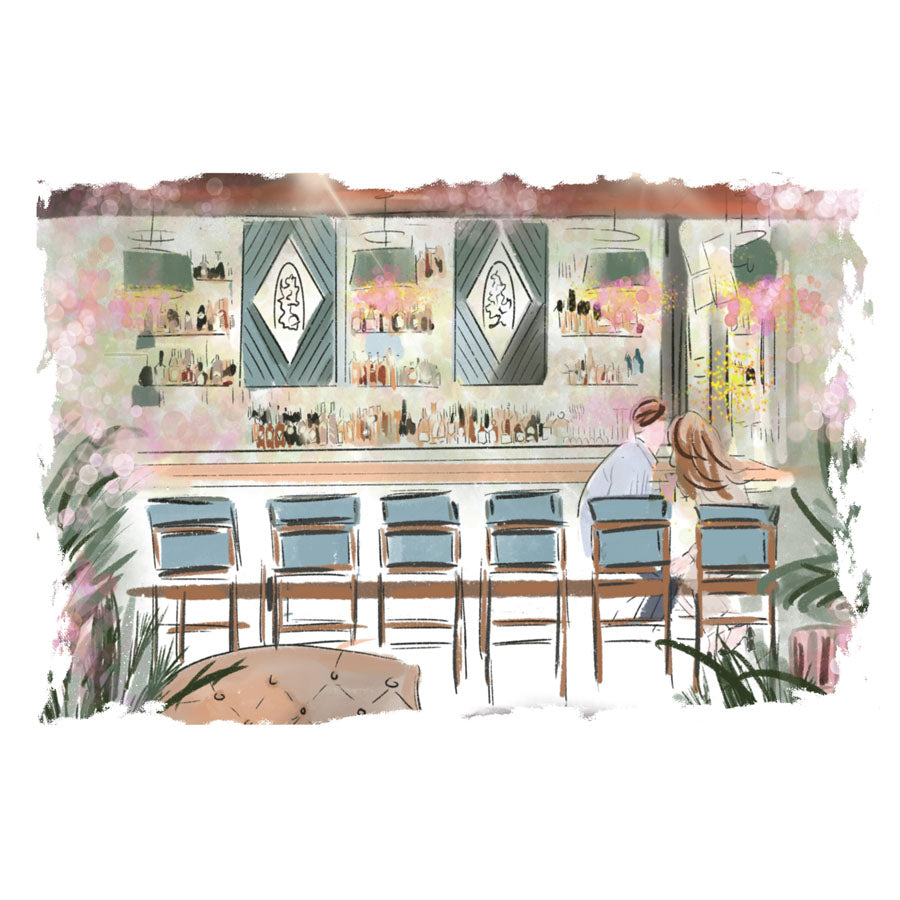 Illustration of The Spectator Hotel bar with pastel tones, bar seating, floral accents, and a couple enjoying drinks, artwork by Rebecca Illustrated.