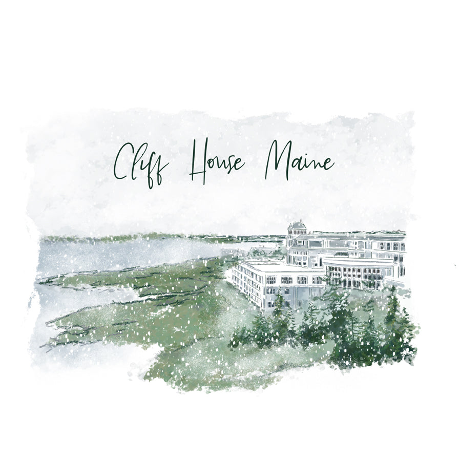 Illustrated snowy landscape featuring Cliff House Maine overlooking the rocky coastline — artwork by Rebecca Illustrated