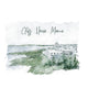 Illustrated snowy landscape featuring Cliff House Maine overlooking the rocky coastline — artwork by Rebecca Illustrated