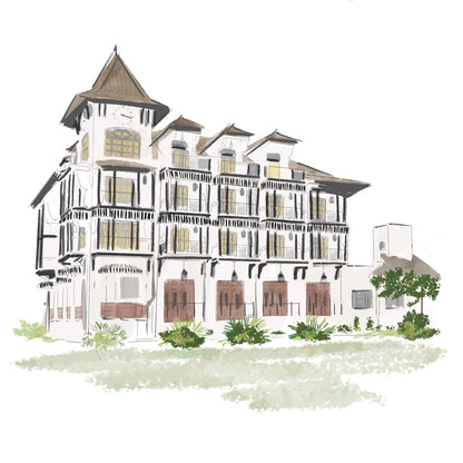 Hand-drawn architectural illustration of a coastal Florida building with balconies and tower details — artwork by Rebecca Illustrated