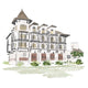 Hand-drawn architectural illustration of a coastal Florida building with balconies and tower details — artwork by Rebecca Illustrated