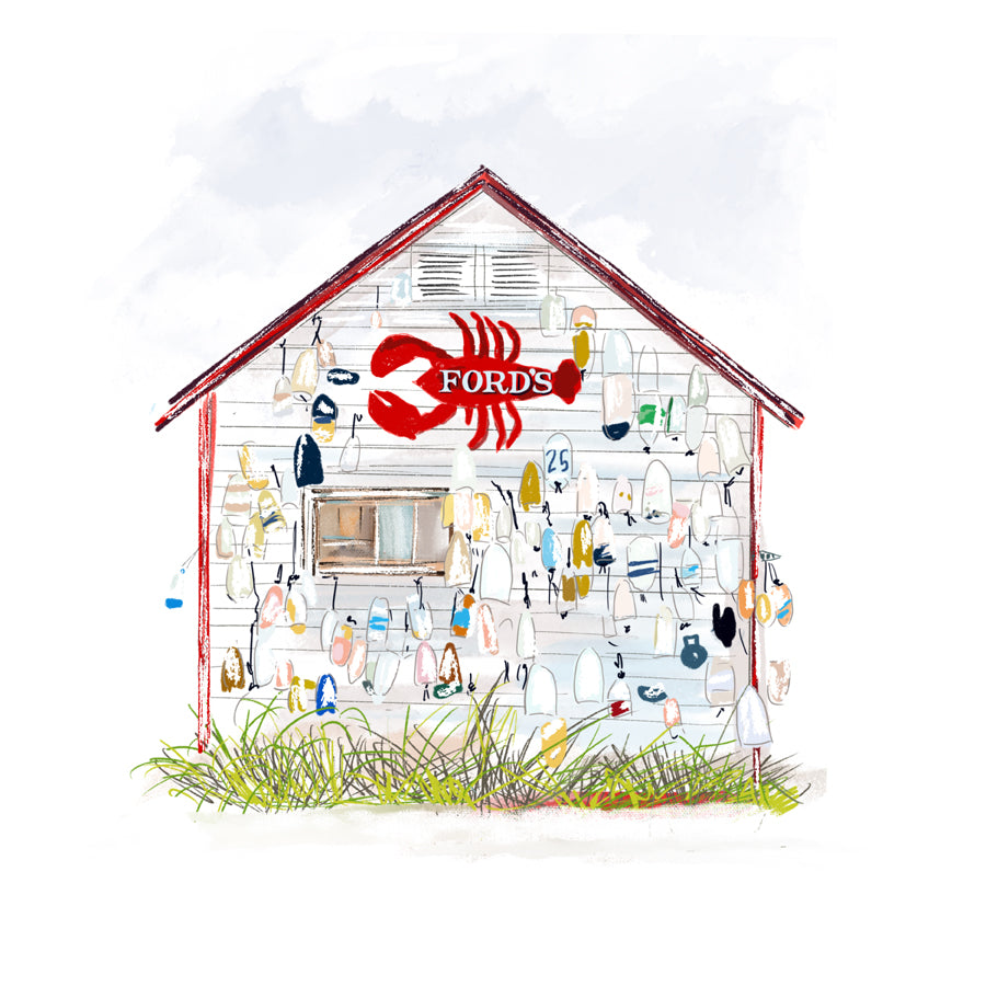 Illustration of Ford’s Lobster Shack covered in colorful lobster buoys — coastal New England artwork by Rebecca Illustrated
