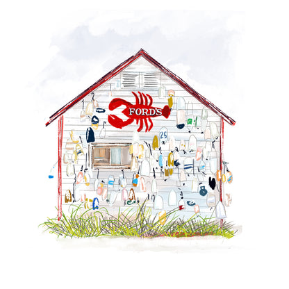 Illustration of Ford’s Lobster Shack covered in colorful lobster buoys — coastal New England artwork by Rebecca Illustrated