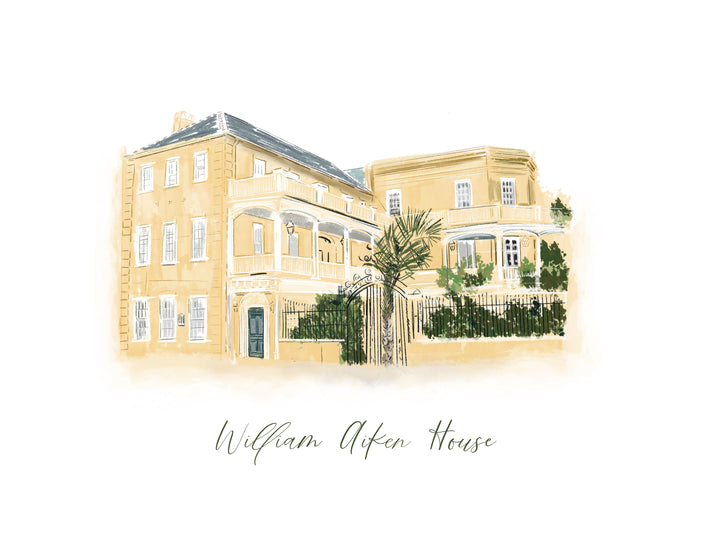 Watercolor illustration of the William Aiken House in Charleston, South Carolina with wrought iron gates and yellow historic architecture, by Rebecca Illustrated.