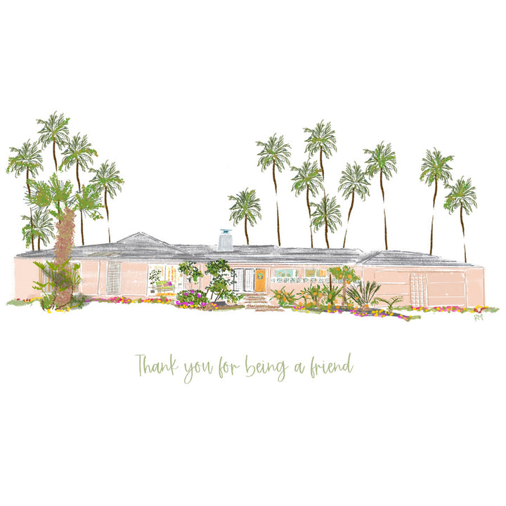 Pastel illustration by Rebecca Illustrated of the Golden Girls house with tall palm trees and the phrase "Thank you for being a friend" underneath.